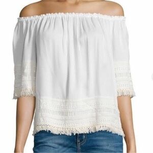 Ella Moss Off-Shoulder Cream Off-White Fringe Lace Trim Top Boho XS